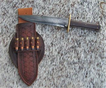 Antique Damascus Bowie Knife for sale with custom knife sheath made by Cochise Leather Company